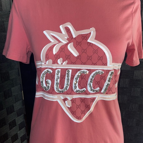 🔥GUCCI X DISNEY DRESS 100% COTTON PINK STRAWBERRY WITH RHINESTONES! SZ 8 / MED - Picture 5 of 8